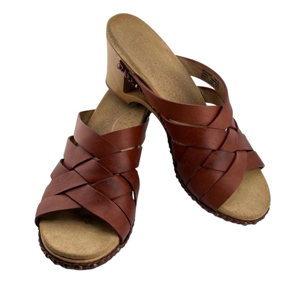 Dansko Tory Woven Leather Sandals Womens EU41 Brown Wood Heel Slip On Clog Mules - Picture 1 of 11